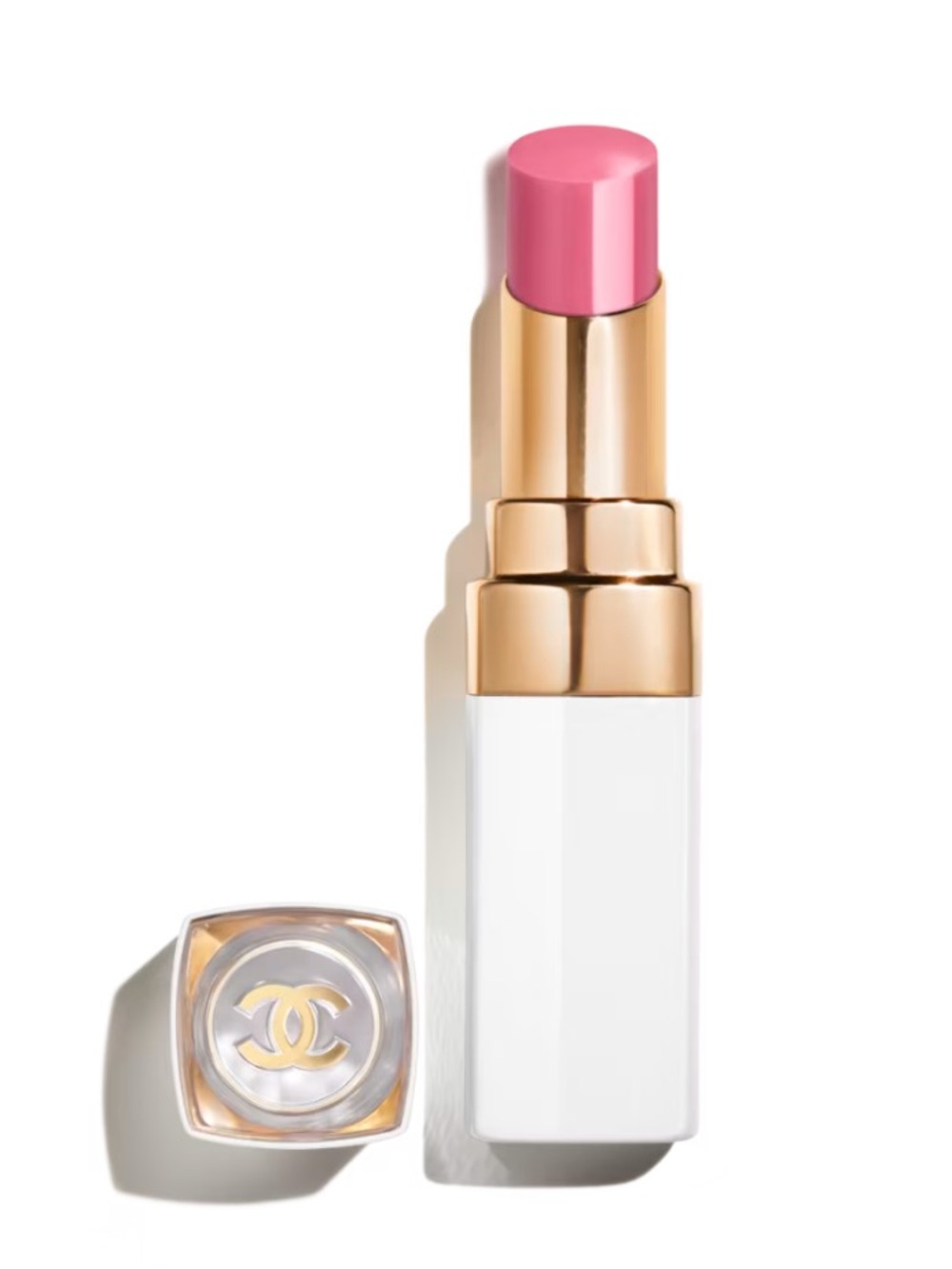 ROUGE COCO BAUME SHINE 
CHANEL Pink Lipstick with Gold and White Case